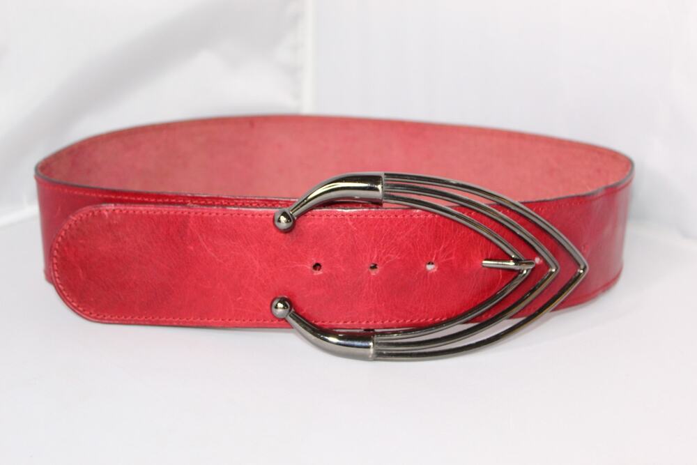 Vintage El Corte Inglés Red  Leather Belt Size 150 75/30 Silver Buckle Wide